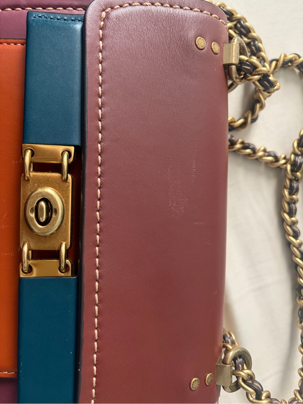 Coach Colorblock Leather Chain Shoulder Bag in Pink, Teal & Orange